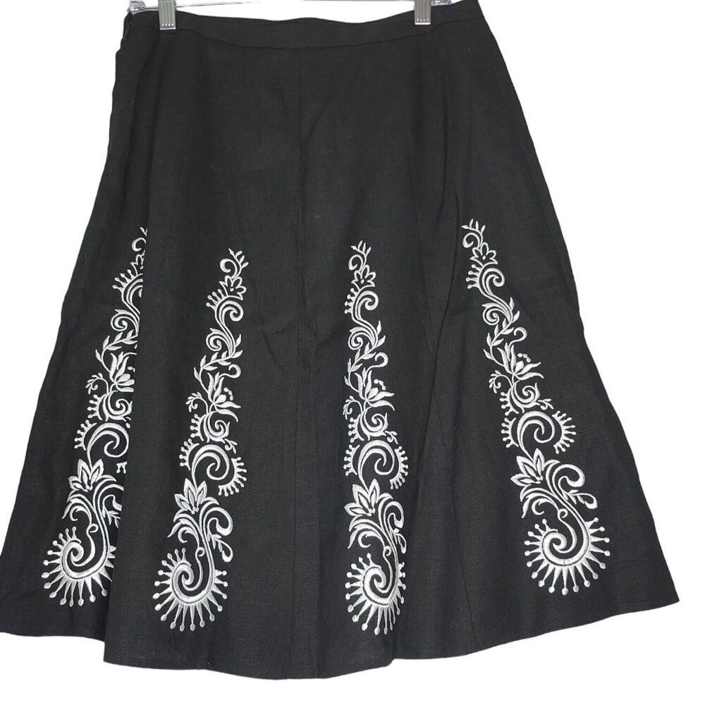 Loft Women's Skirt Size 8 Black White Linen‎ Floral Embroidered A Line